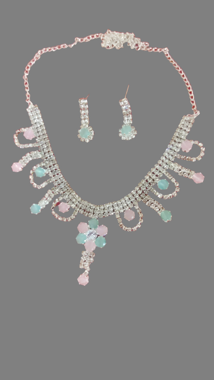 PASTEL PINK AND GREEN STONE EMBEDDED AMERICAN DIAMOND NECKLACE SETS