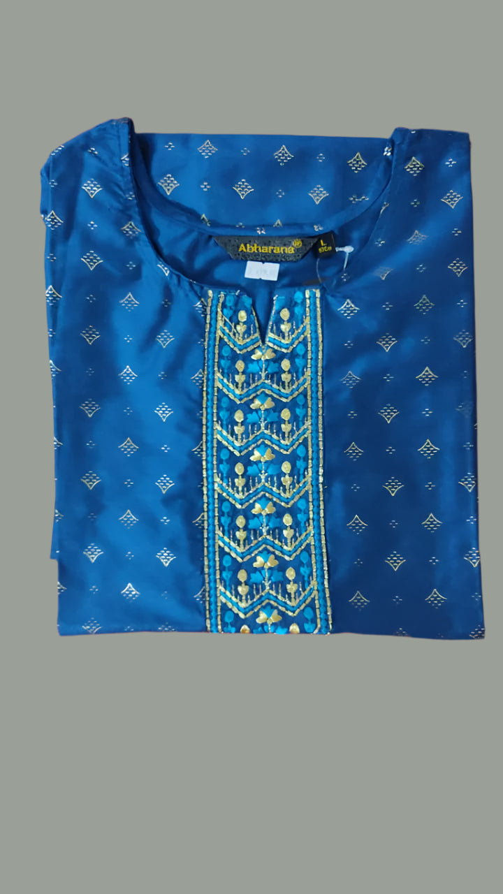Peacock Blue Silk Embroidery Kurti Top