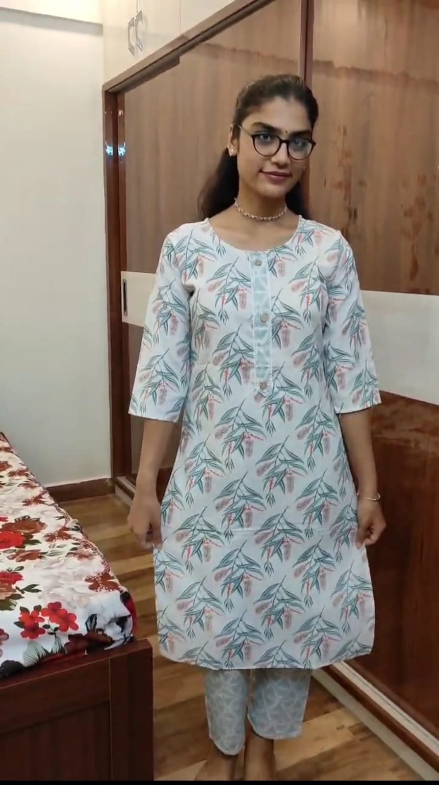 Cotton 2-Piece Kurti with Green and Coral Orange Floral Print on Off-White Background