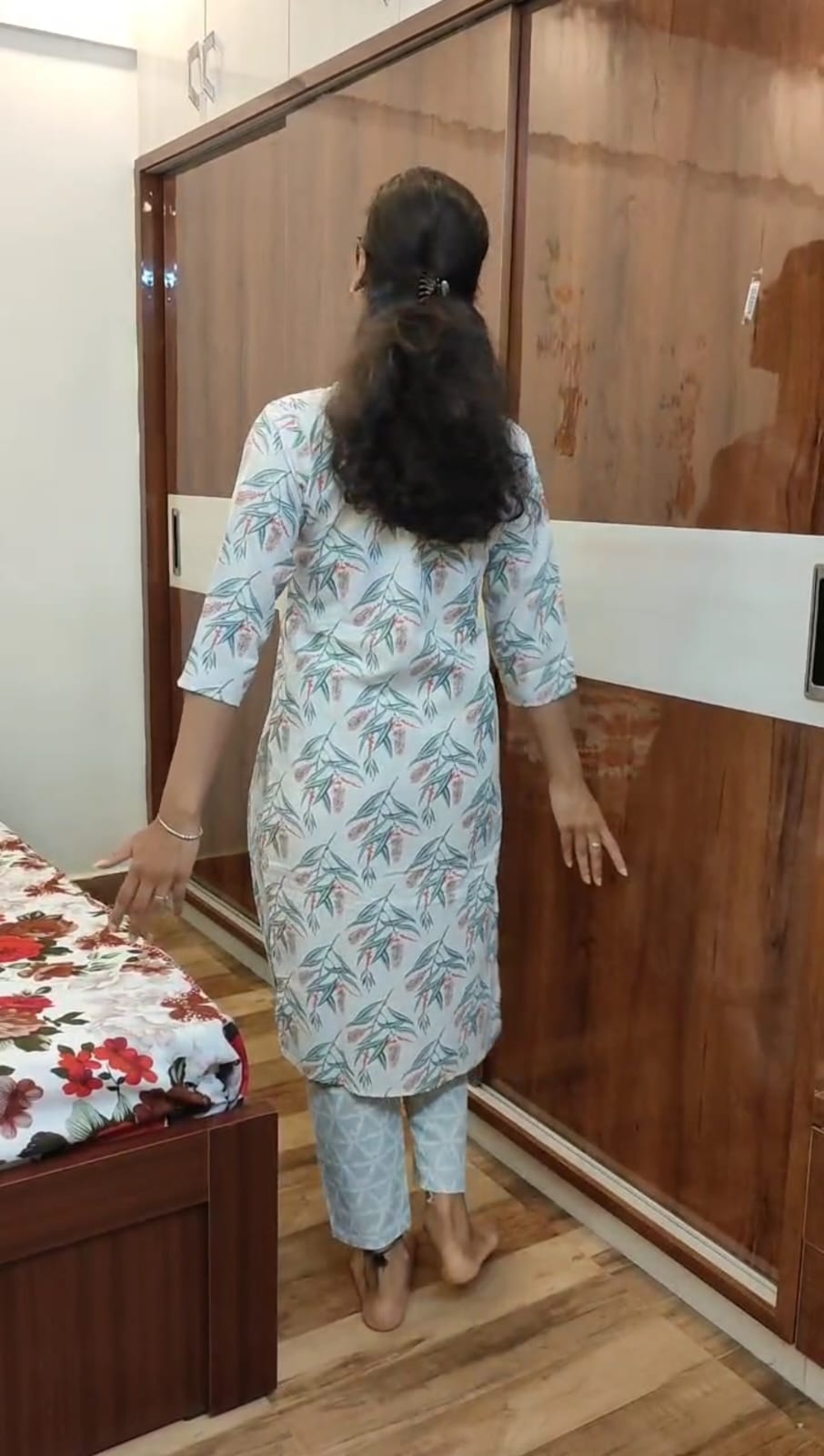 Cotton 2-Piece Kurti with Green and Coral Orange Floral Print on Off-White Background