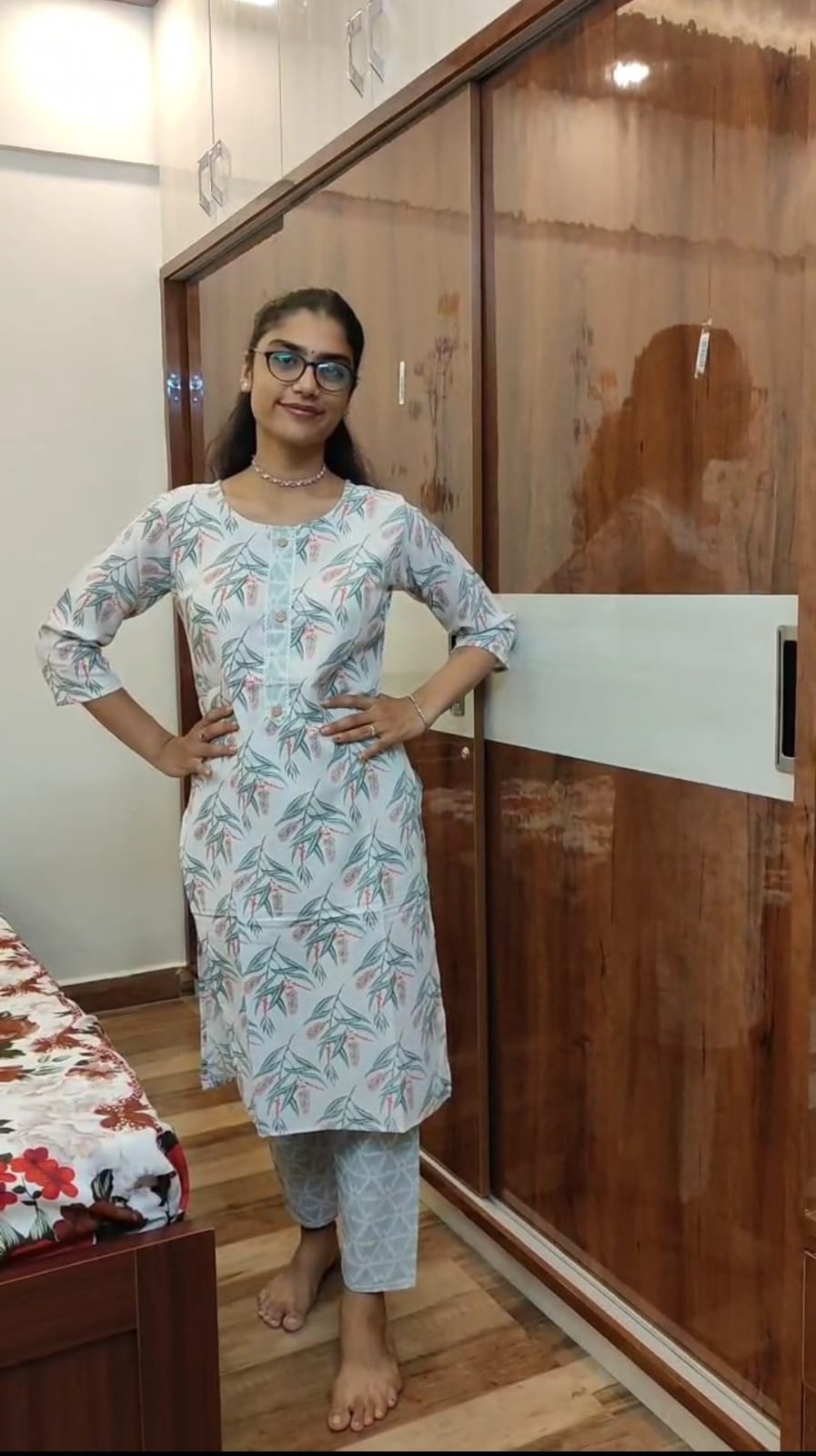 Cotton 2-Piece Kurti with Green and Coral Orange Floral Print on Off-White Background