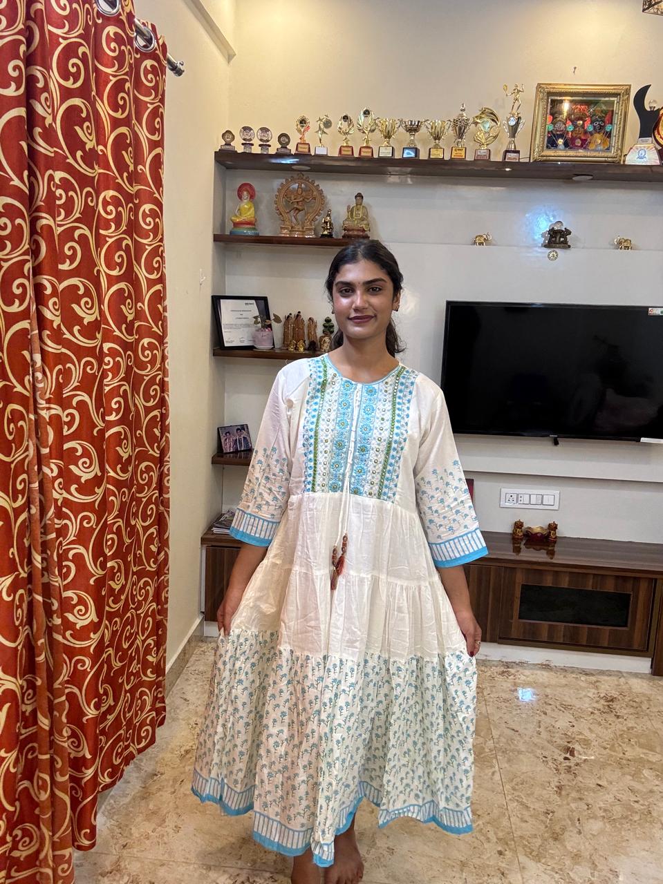 Off-White Soft-Cotton Floral Long Kurti Top