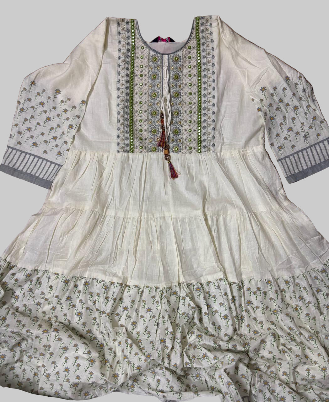 Off-White Soft-Cotton Floral Long Kurti Top