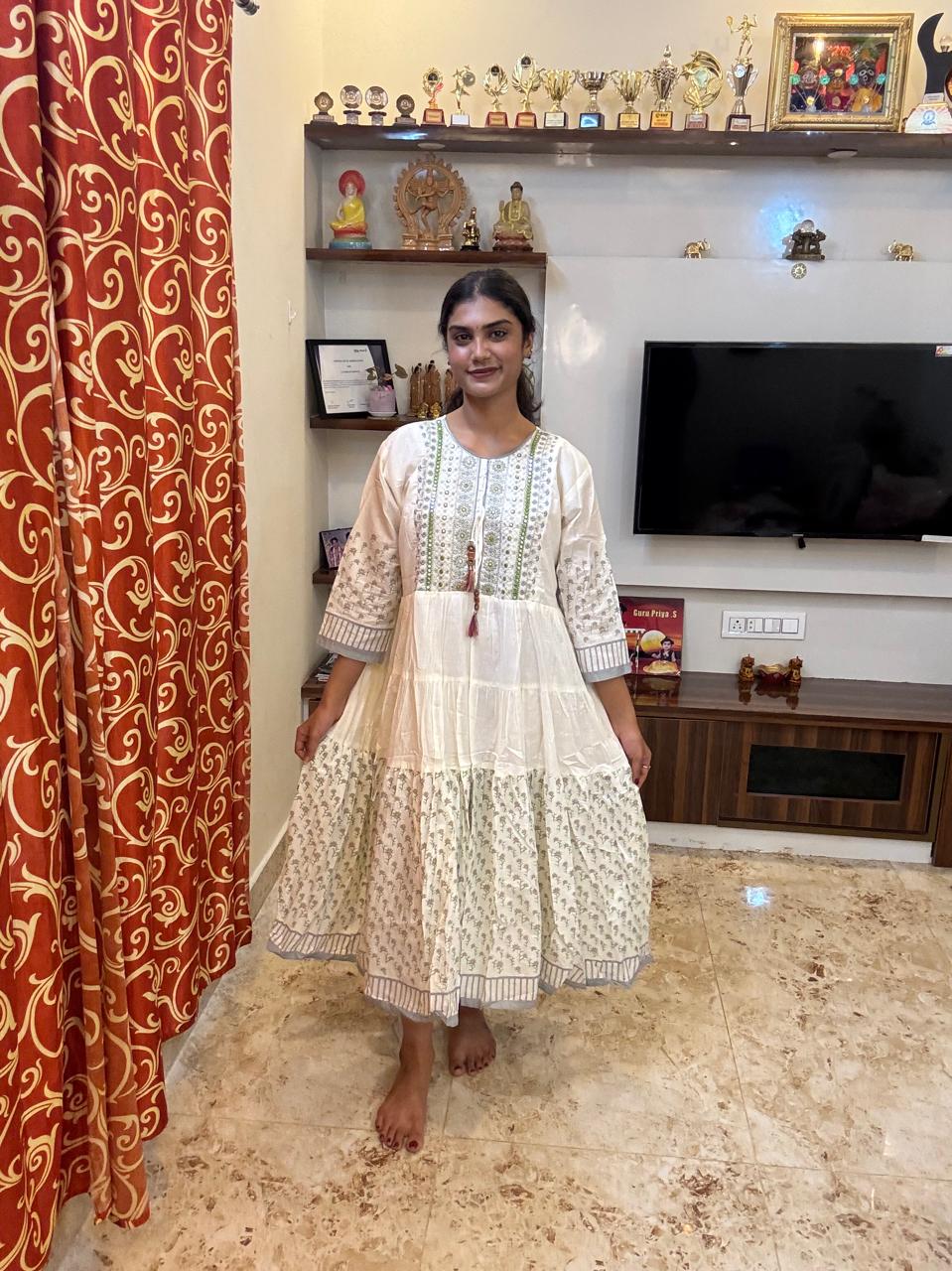 Off-White Soft-Cotton Floral Long Kurti Top