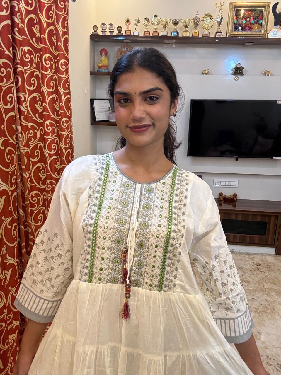 Off-White Soft-Cotton Floral Long Kurti Top