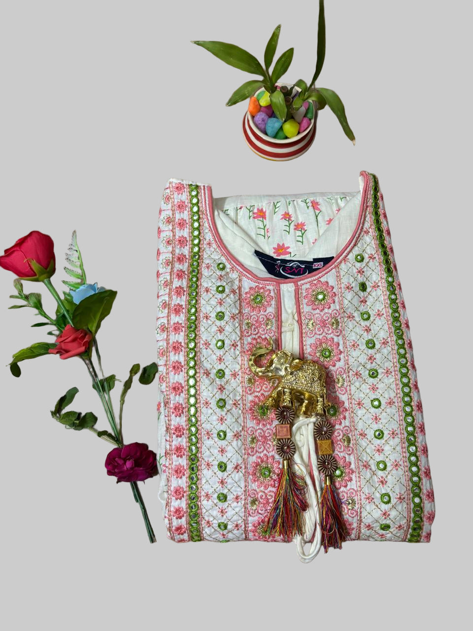 Off-White Soft-Cotton Floral Long Kurti Top