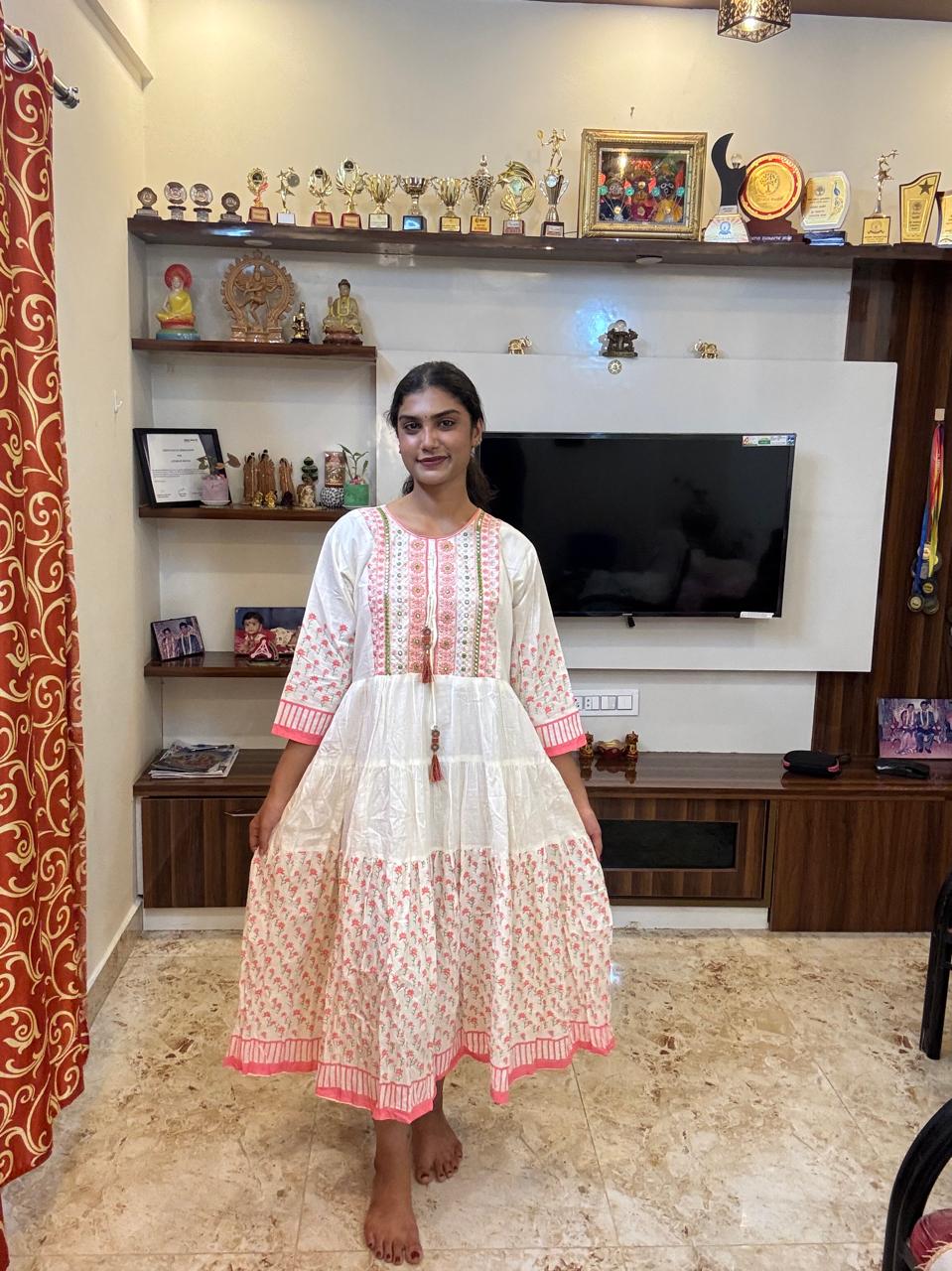 Off-White Soft-Cotton Floral Long Kurti Top