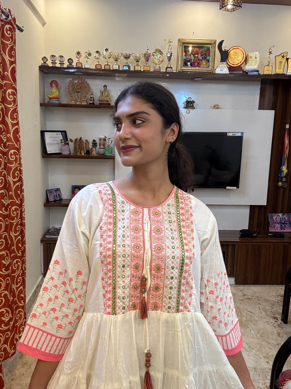Off-White Soft-Cotton Floral Long Kurti Top