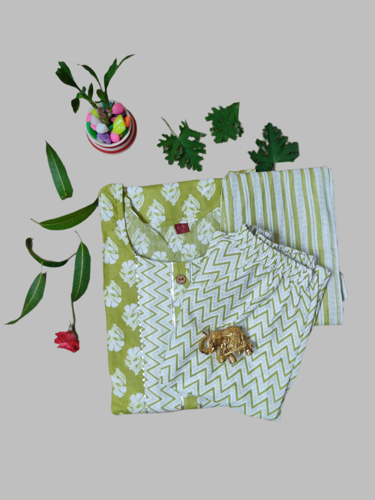 Pastel Green Cotton Three-Piece Set
