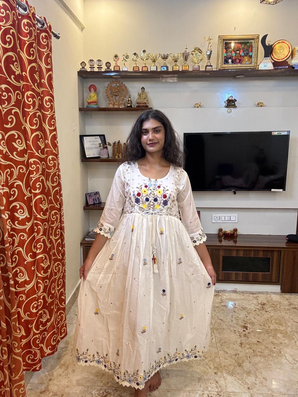 Off-White Embroidered Long Kurti Top with Lacework