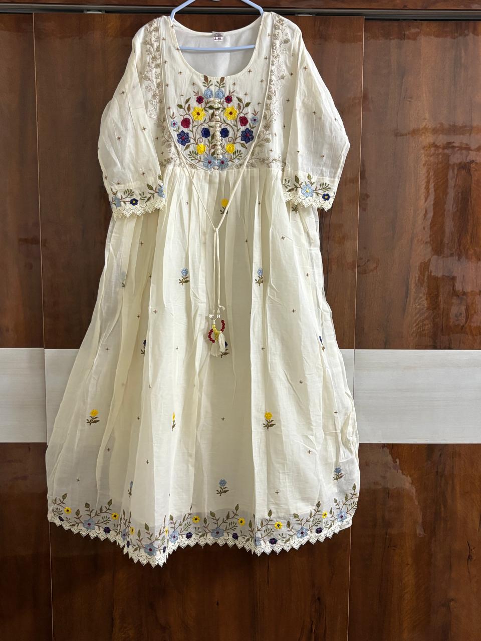 Off-White Embroidered Long Kurti Top with Lacework