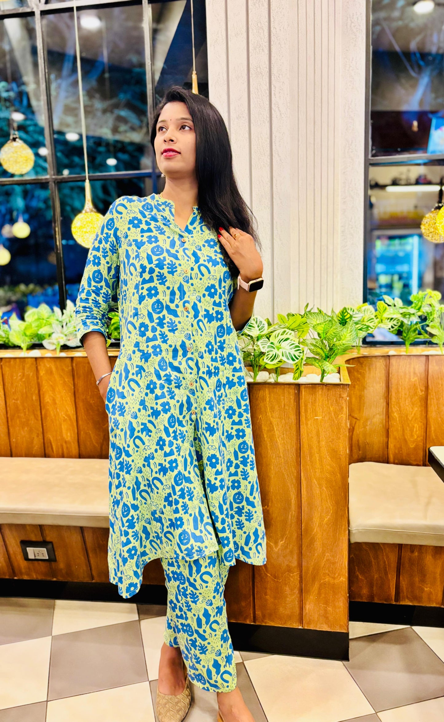 Green Cotton-Rayon Two Piece Set