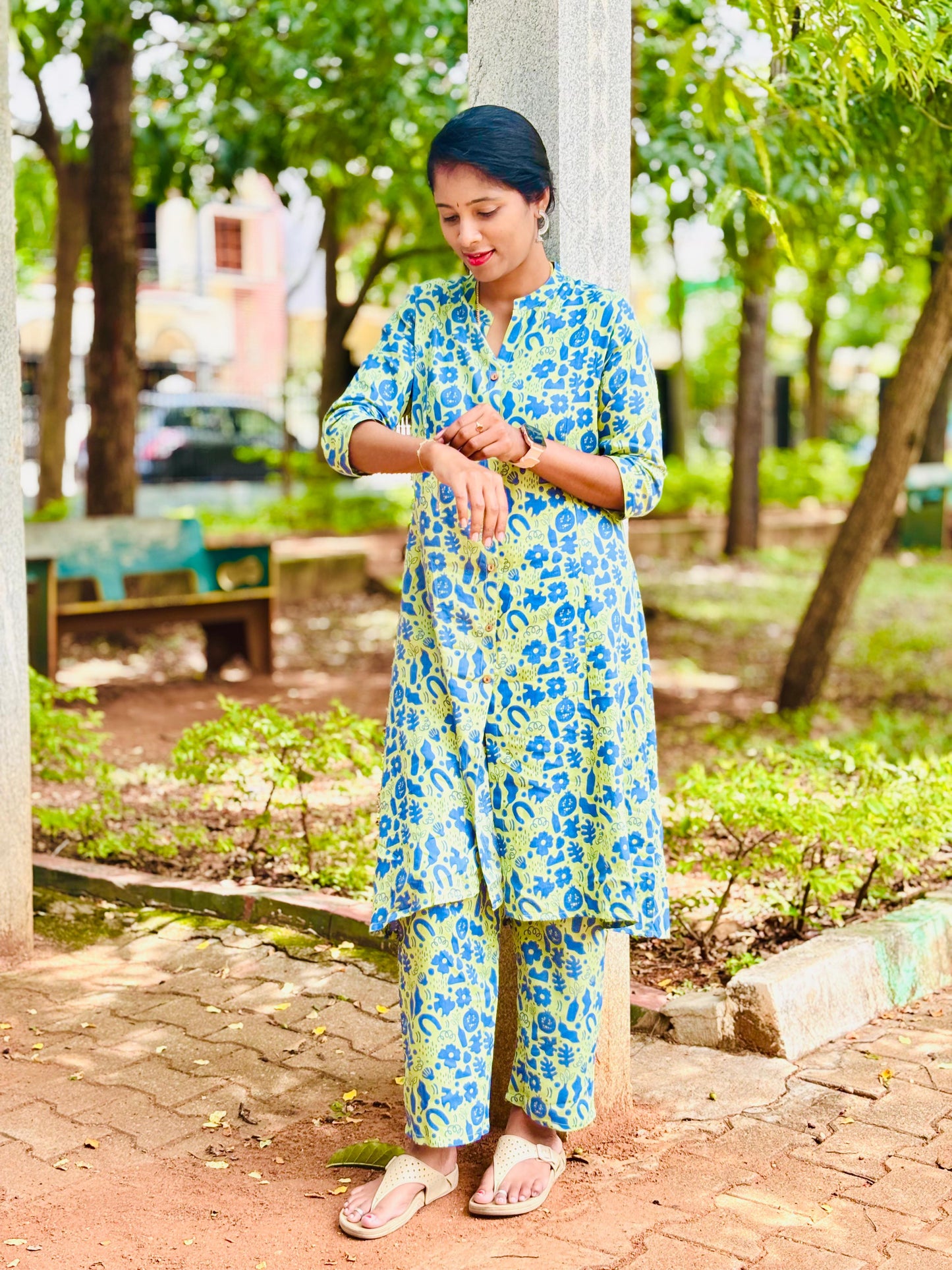 Green Cotton-Rayon Two Piece Set