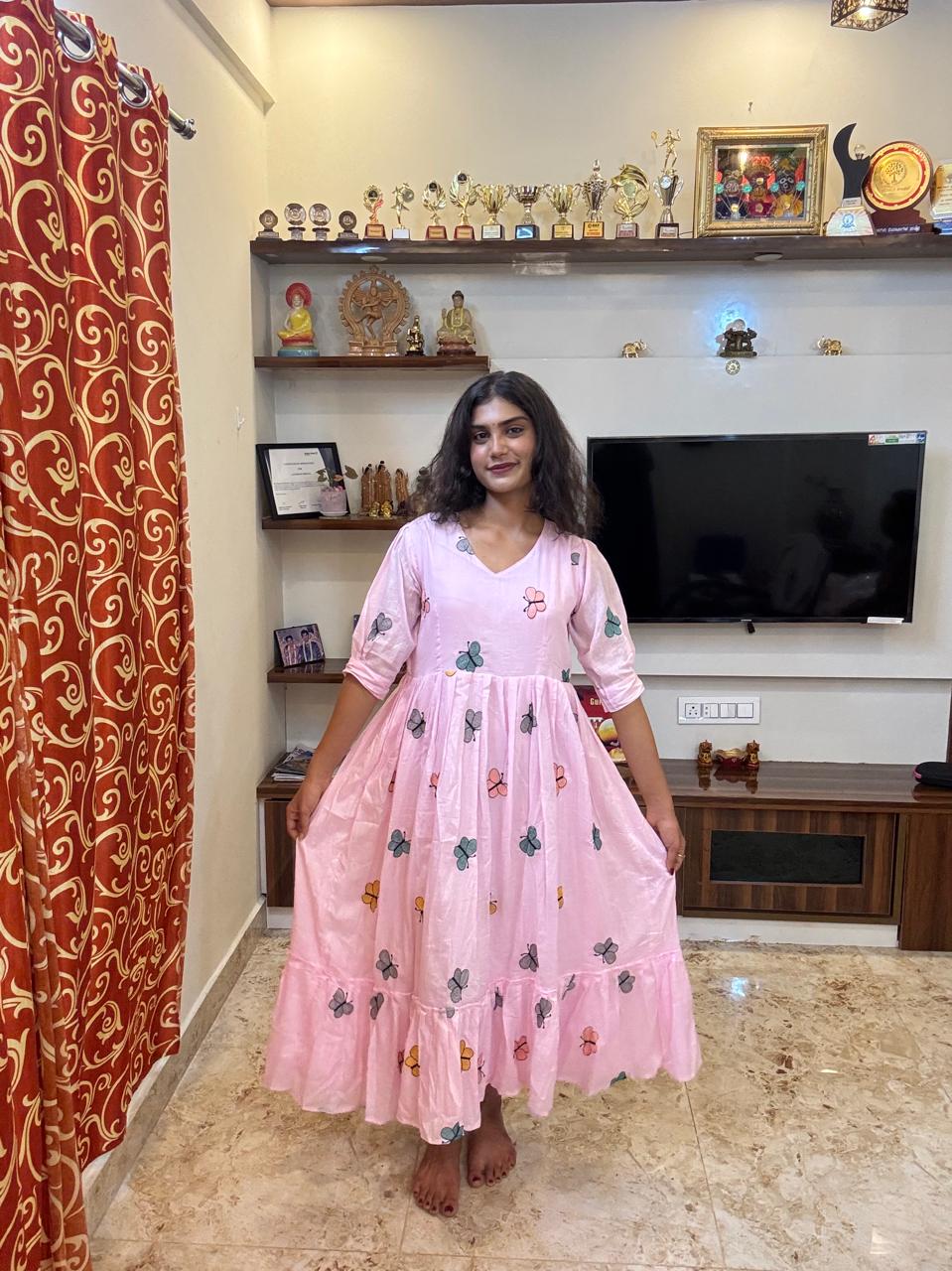 Baby-Pink Soft-Cotton Embroided Long Kurti Top