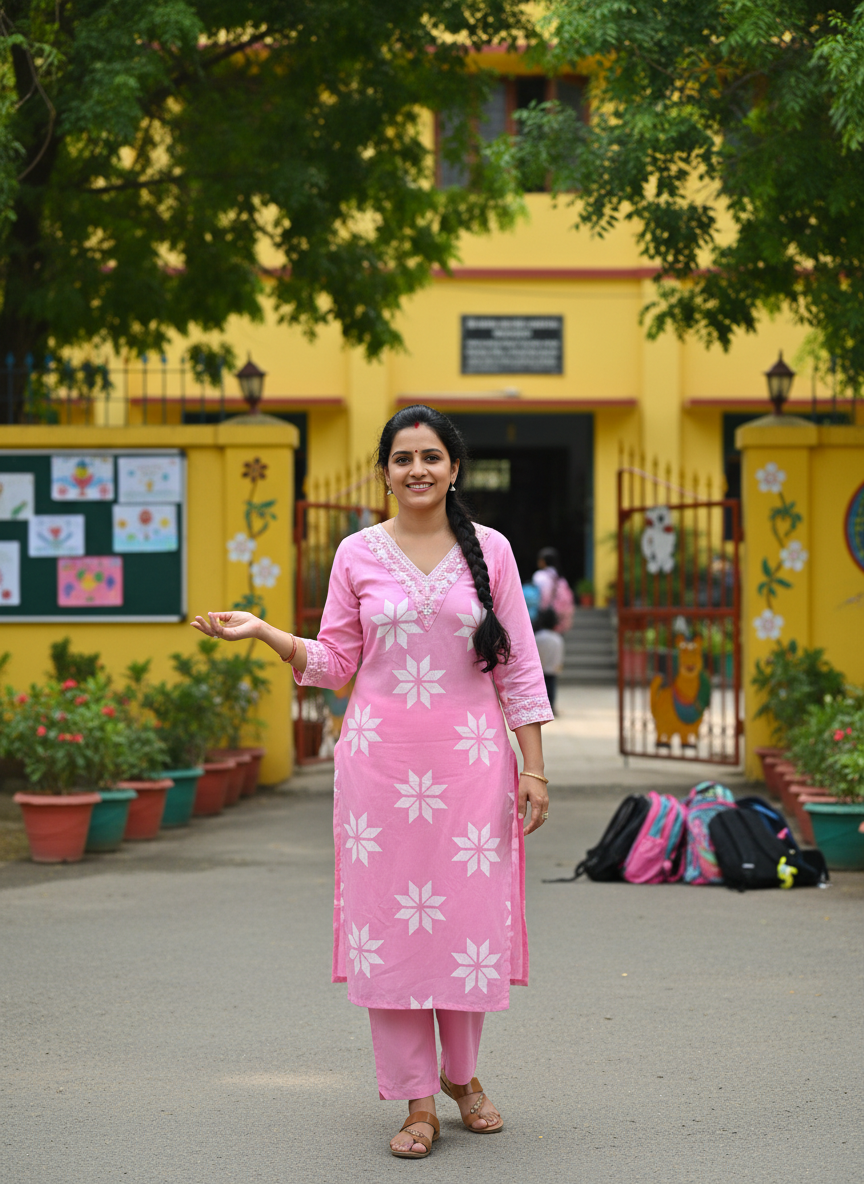 Pink Cotton Two Piece Kurti Set