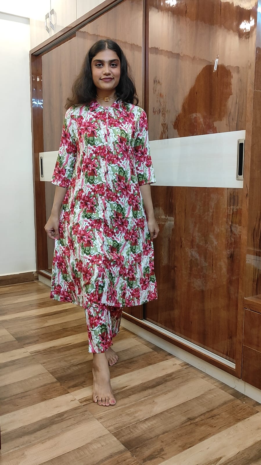 Pink-Green Rayon Floral Two-Piece Sets