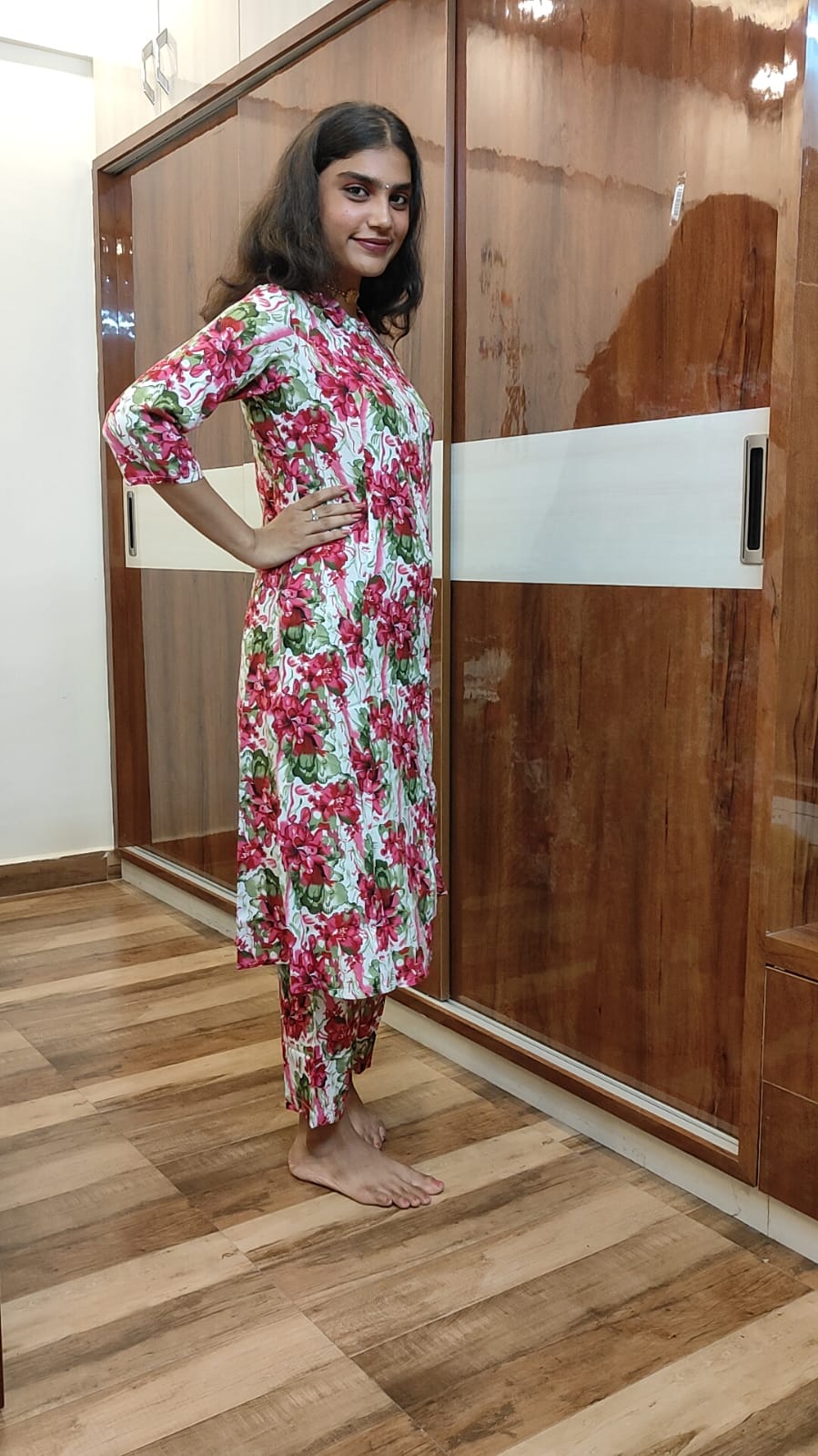 Pink-Green Rayon Floral Two-Piece Sets