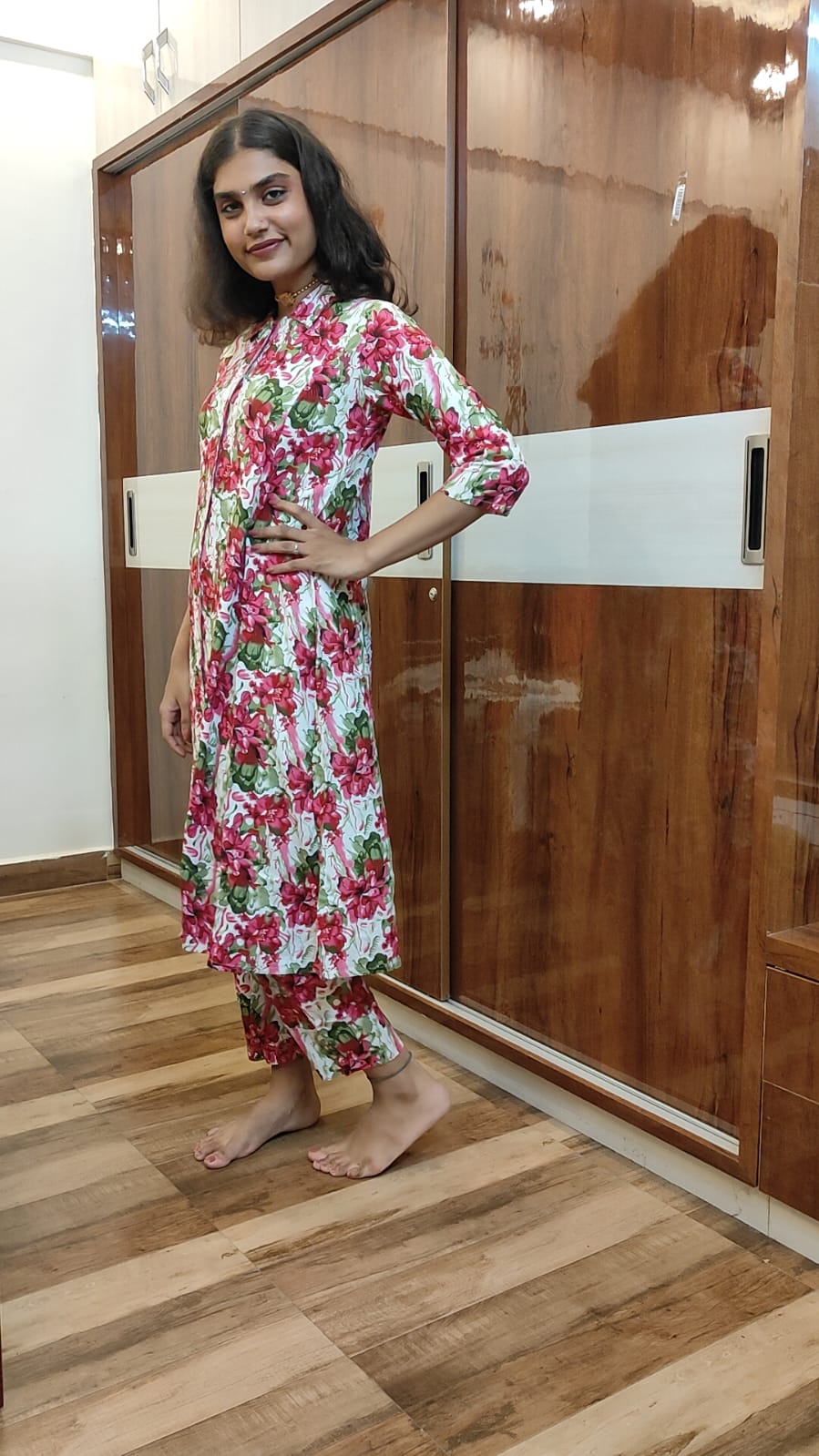 Pink-Green Rayon Floral Two-Piece Sets