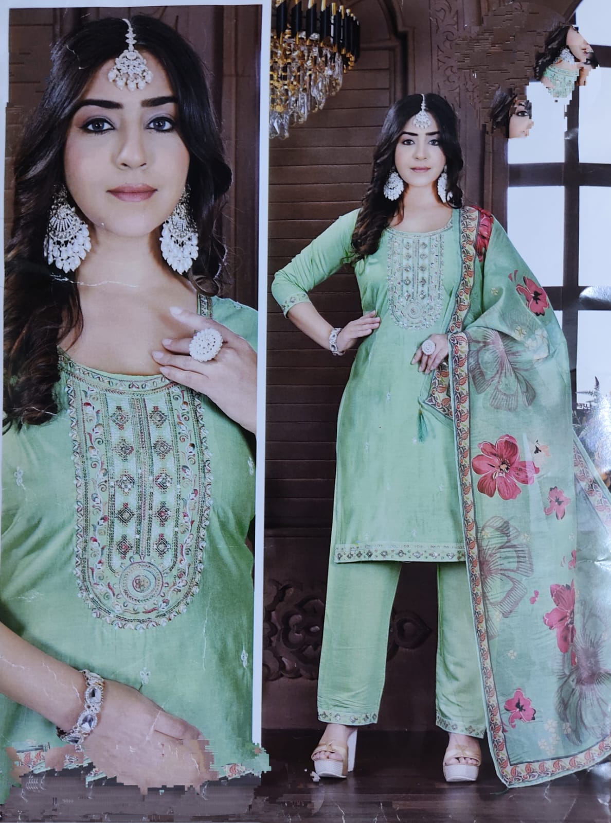 Pista Green Roman Silk 3-Piece Designer Set