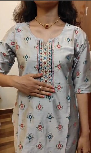 Silver Color Silk Embroidery Kurti Top