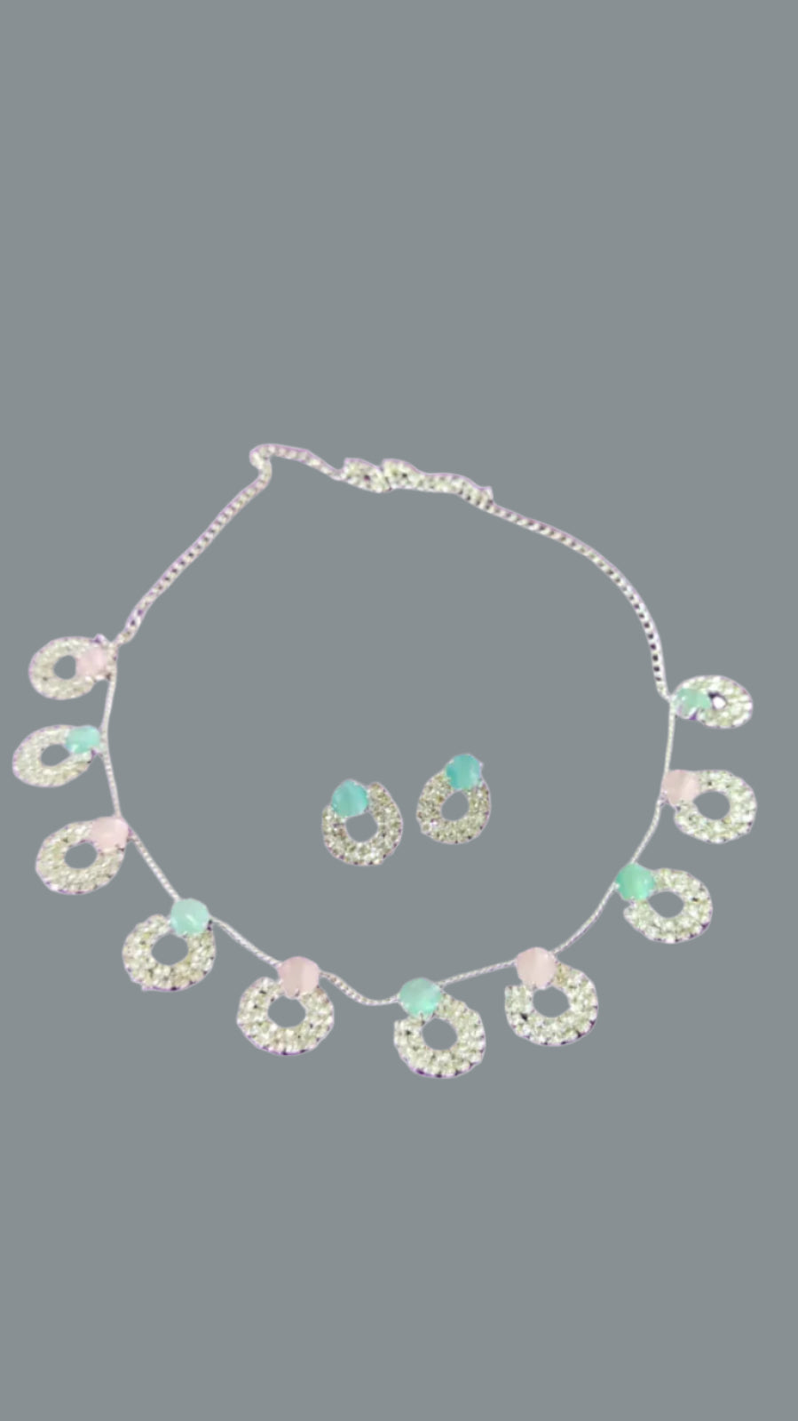 PASTEL PINK AND GREEN STONE EMBEDDED AMERICAN DIAMOND NECKLACE SETS