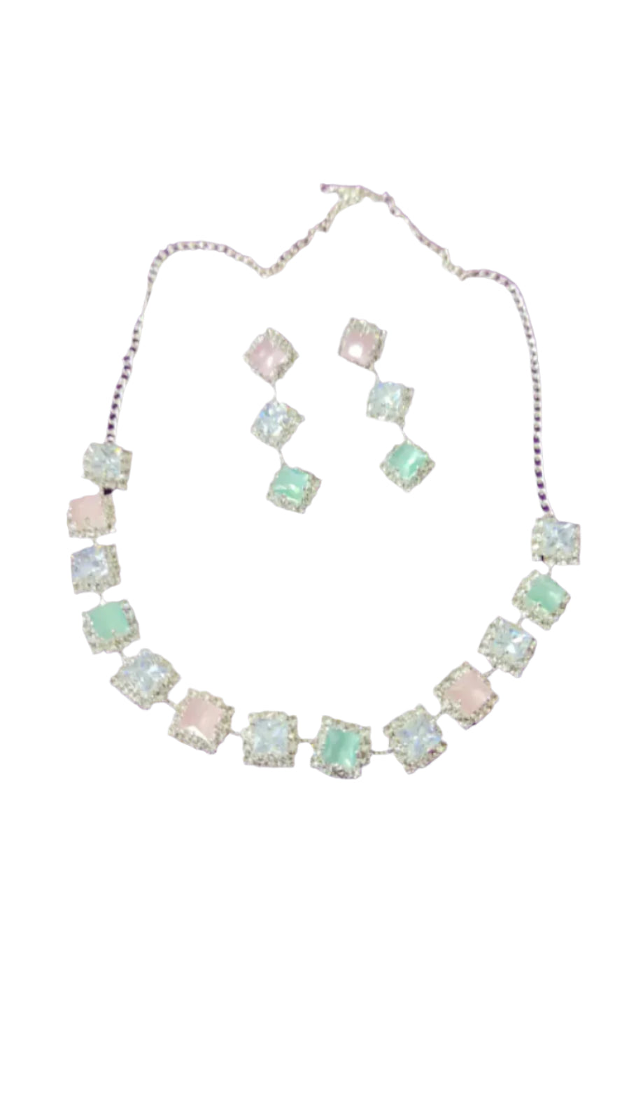 PASTEL PINK AND GREEN STONE EMBEDDED AMERICAN DIAMOND NECKLACE SETS
