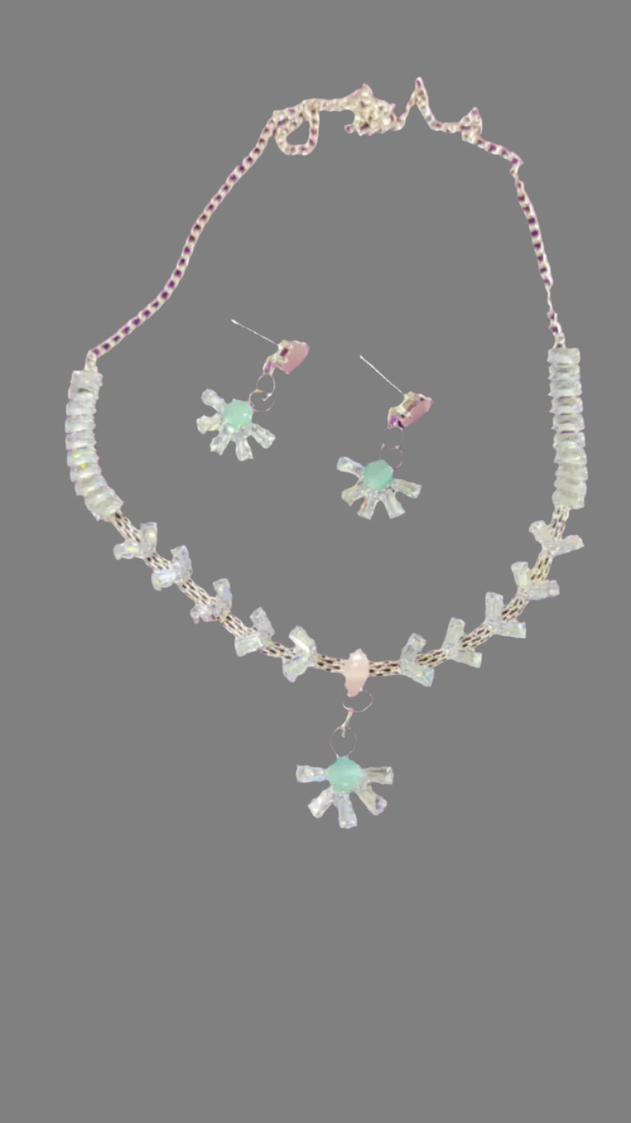 PASTEL PINK AND GREEN STONE EMBEDDED AMERICAN DIAMOND NECKLACE SETS