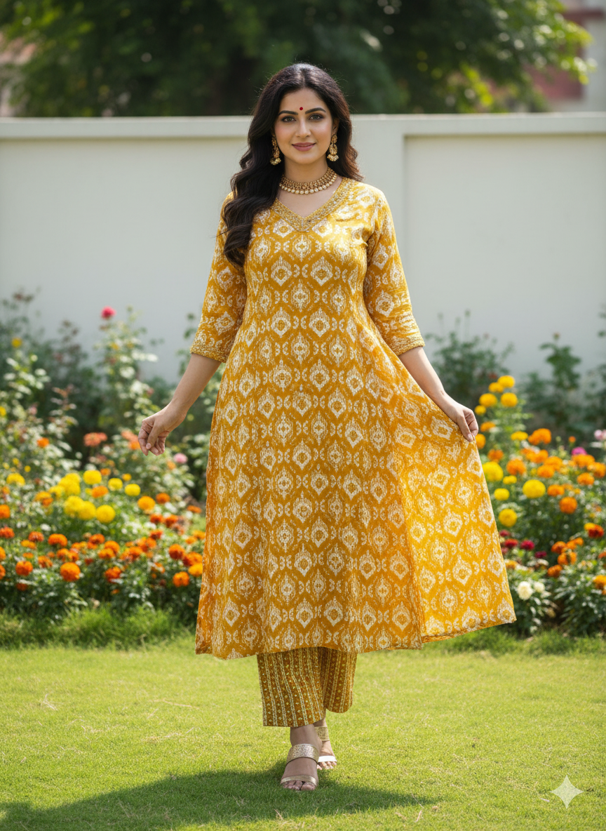 Mustard Yellow Cotton Two Piece Kurti Set