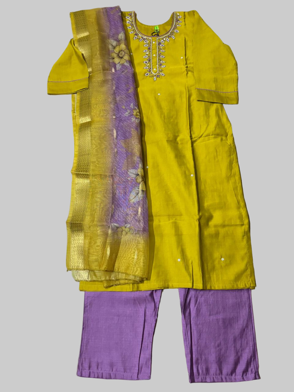 Mustard Yellow and Violet Vatican Silk Three Piece Kurti Set