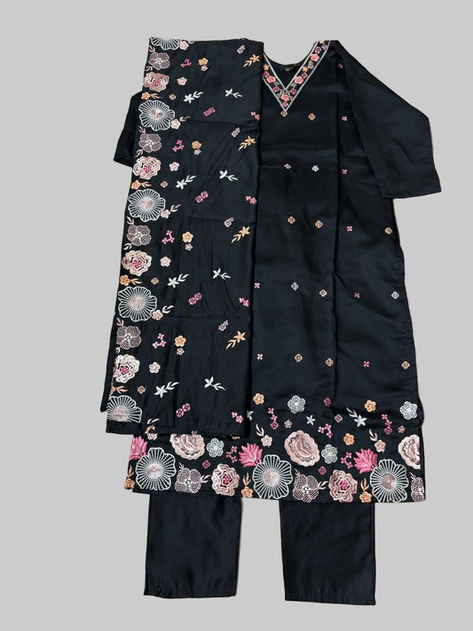 Black Roman Silk Three Piece Kurti Set