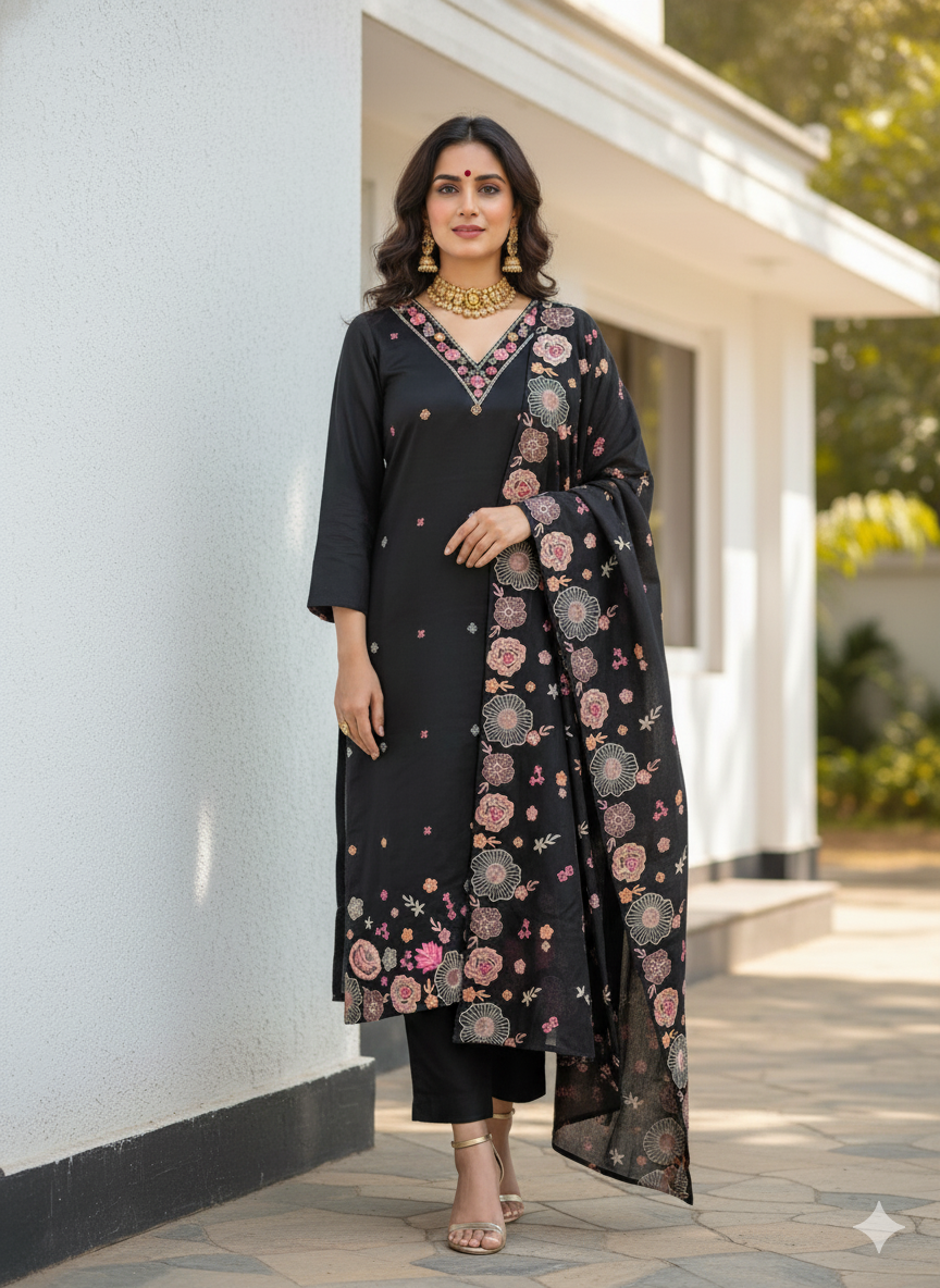 Black Roman Silk Three Piece Kurti Set