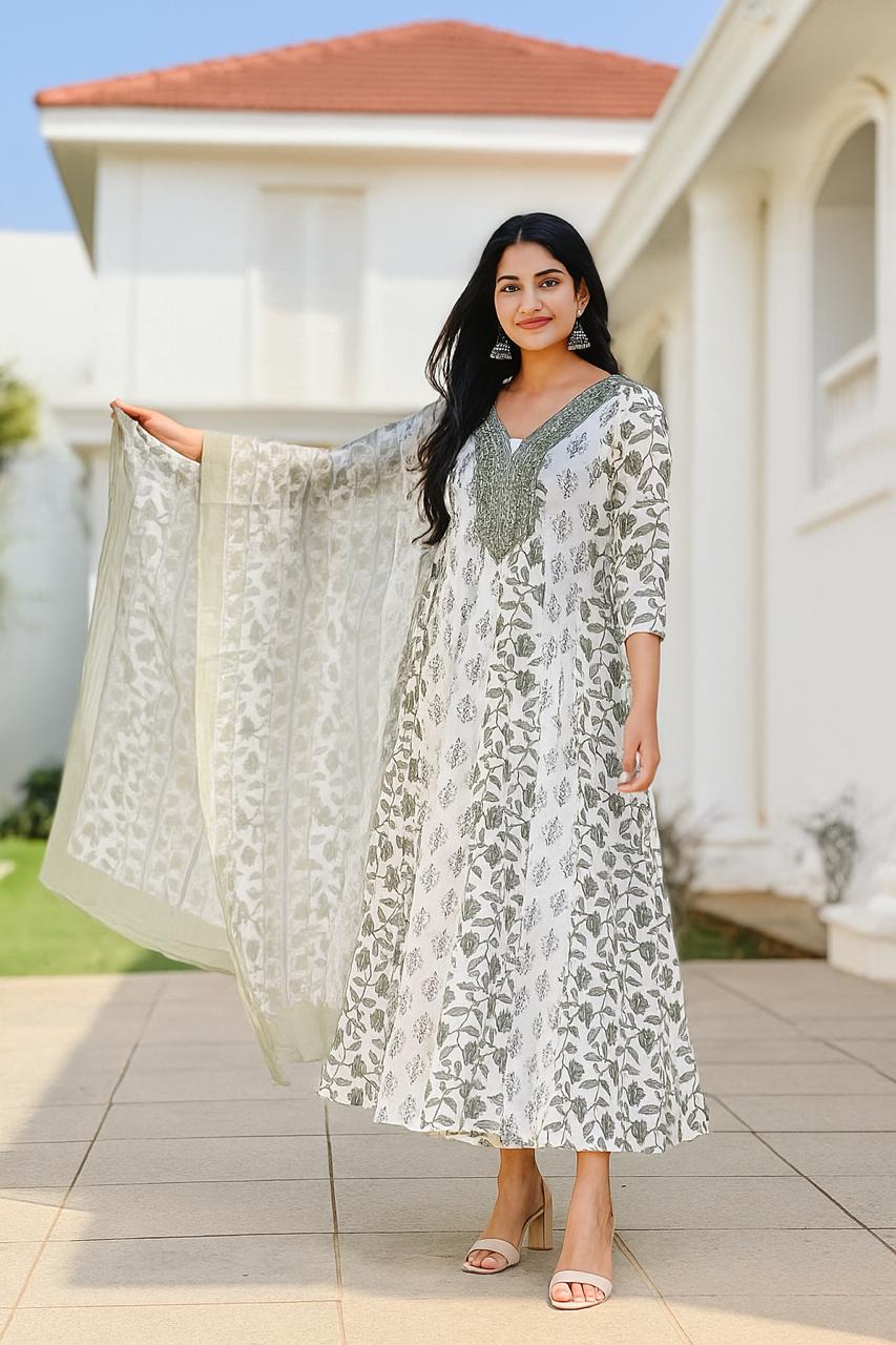 Gown Type White Cotton Kurti with Duppatta