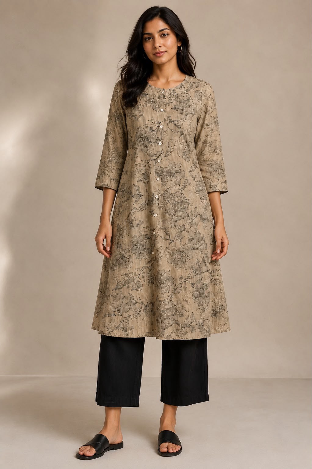 Beige Vatican Silk Two Piece Kurti Set