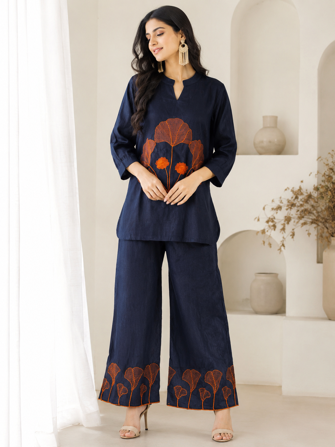 Dark Blue Vatican Silk Two Piece Coord Set