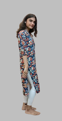 BLUE GEOMETRIC PRINT RAYON KURTI TOP