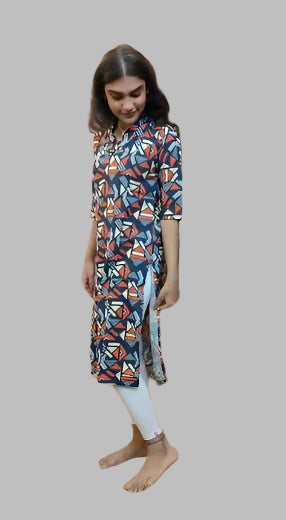 BLUE GEOMETRIC PRINT RAYON KURTI TOP