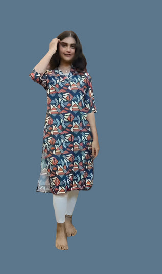 BLUE GEOMETRIC PRINT RAYON KURTI TOP