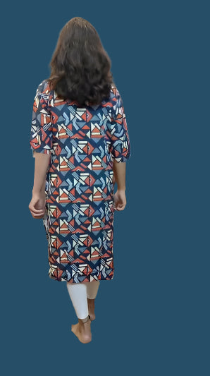 BLUE GEOMETRIC PRINT RAYON KURTI TOP