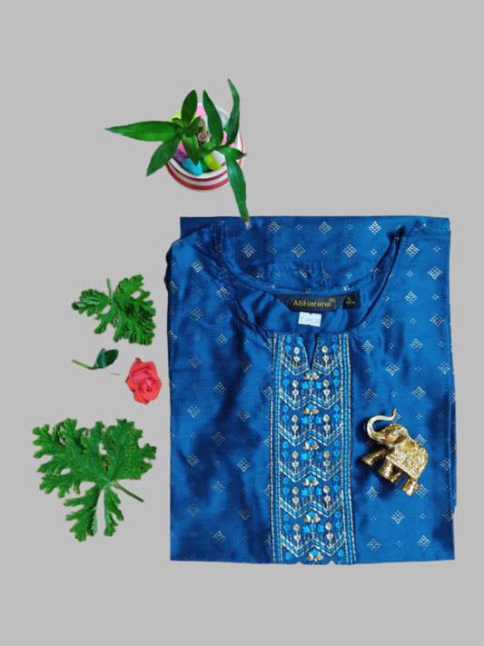 Peacock Blue Silk Embroidery Kurti Top