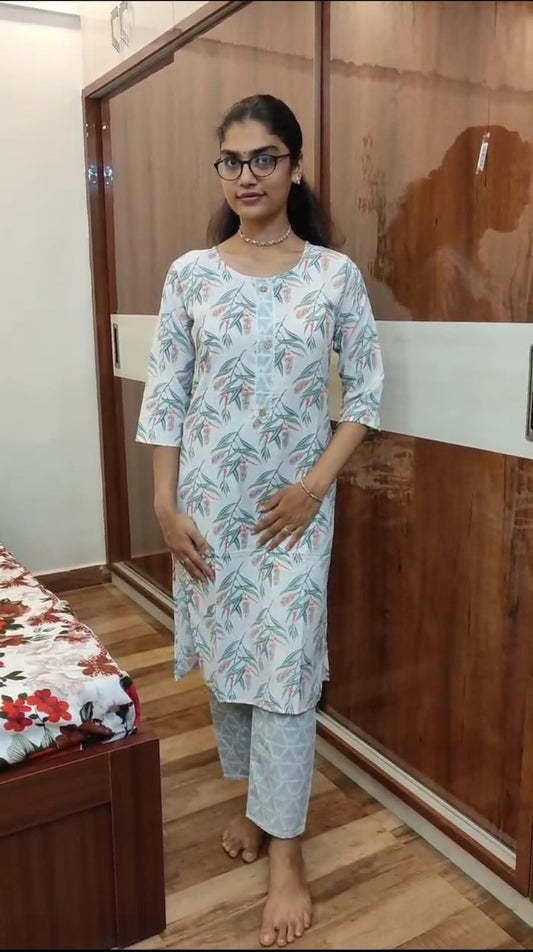 Cotton 2-Piece Kurti with Green and Coral Orange Floral Print on Off-White Background