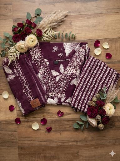Cotton Maroon Mirror Work Three-Piece Kurti Set