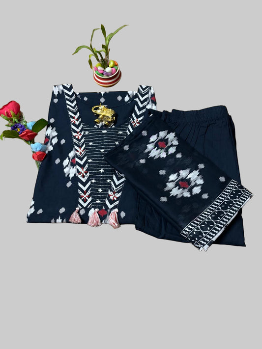 Dark Navy Blue Pure Cotton Three Piece Set