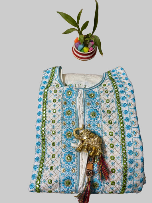 Off-White Soft-Cotton Blue Floral Long Kurti Top