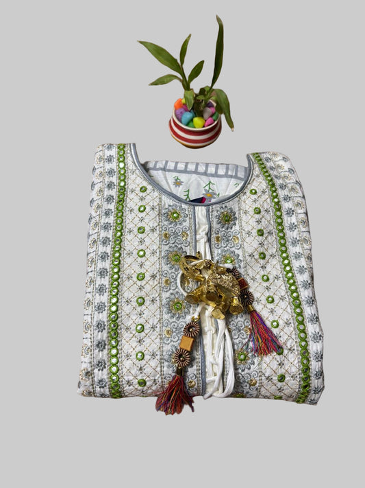 Off-White Soft-Cotton Green Floral Long Kurti Top