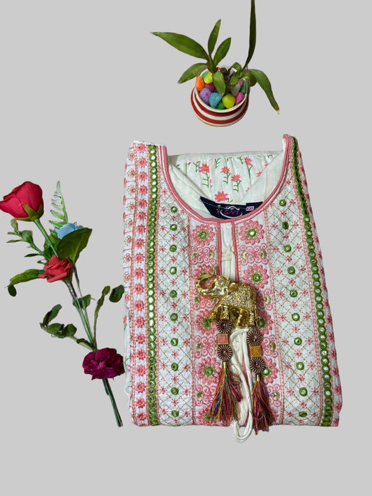 Off-White Soft-Cotton Floral Long Kurti Top