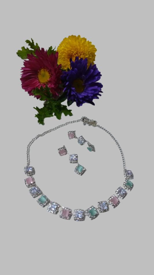 PASTEL PINK AND GREEN STONE EMBEDDED AMERICAN DIAMOND NECKLACE SETS