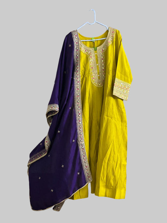 Mustard Yellow Silk Gown with Duppatta