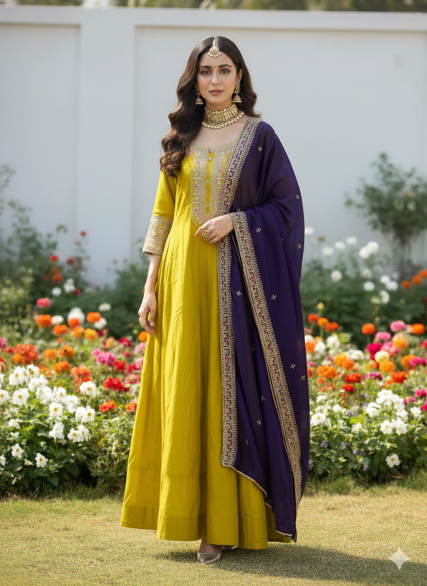 Mustard Yellow Silk Gown with Duppatta