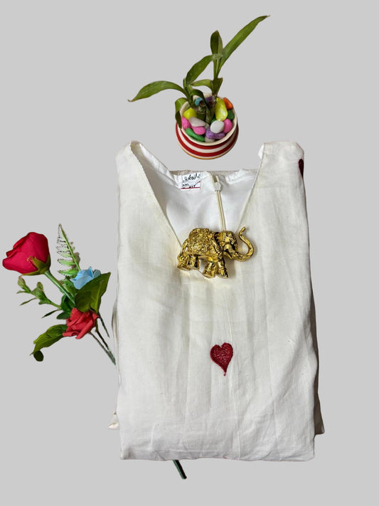 Off-White Heart-Embroidery Cotton Long Kurti Top