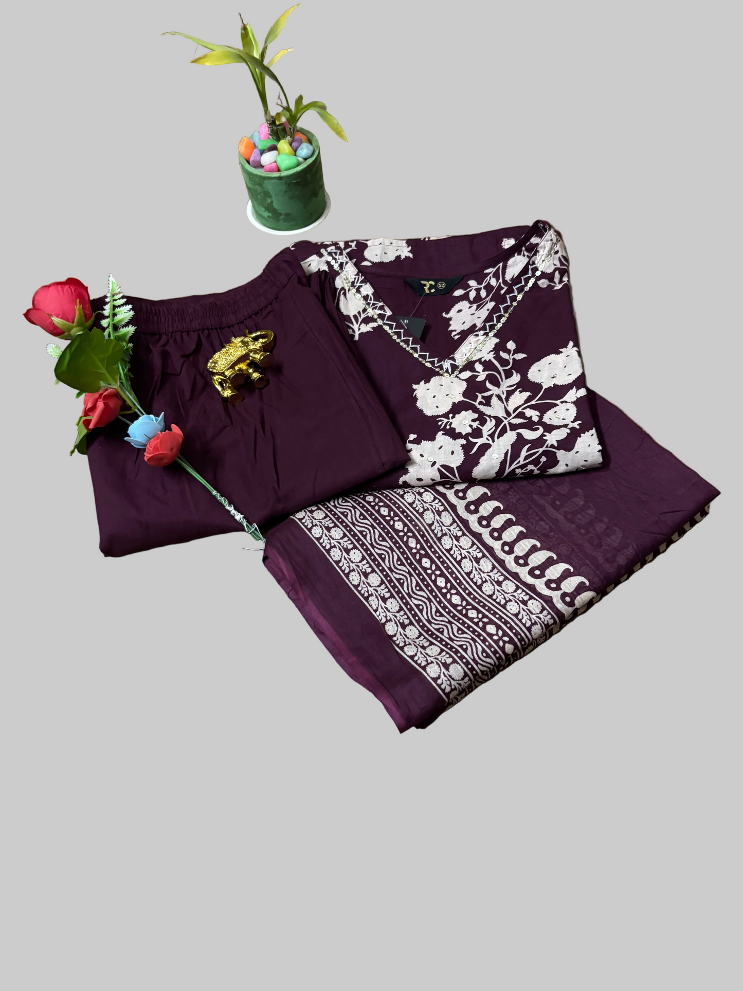 Maroon Cotton Three Piece Kurti Set